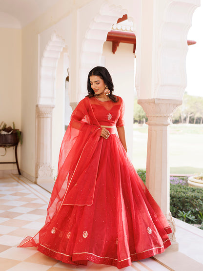 Savvy Red Mukaish Work Lehenga Set