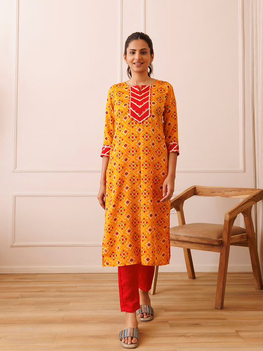 Yellow and Red Patola Printed Kurta Set
