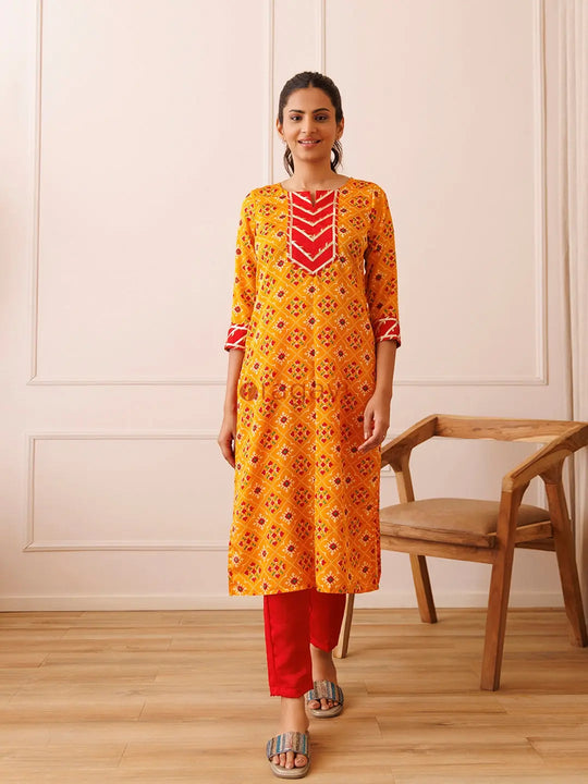 Yellow and Red Patola Printed Kurta Set - Ragavi