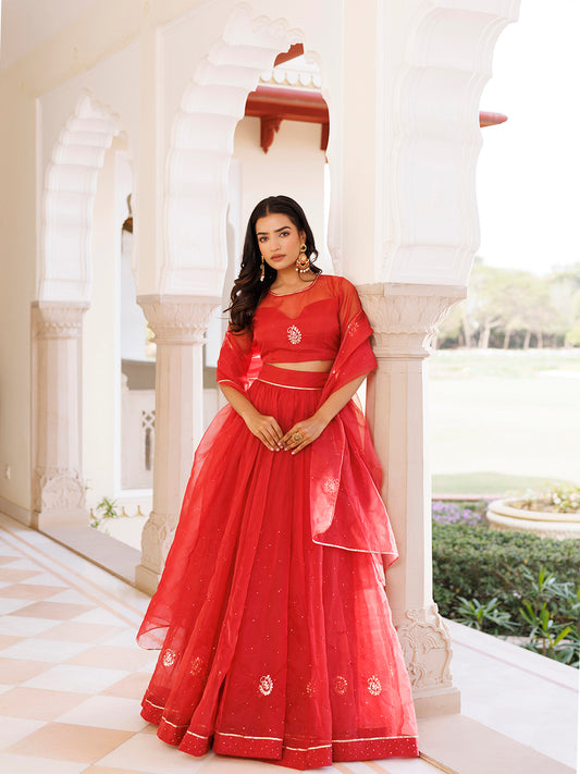 Savvy Red Mukaish Work Lehenga Set
