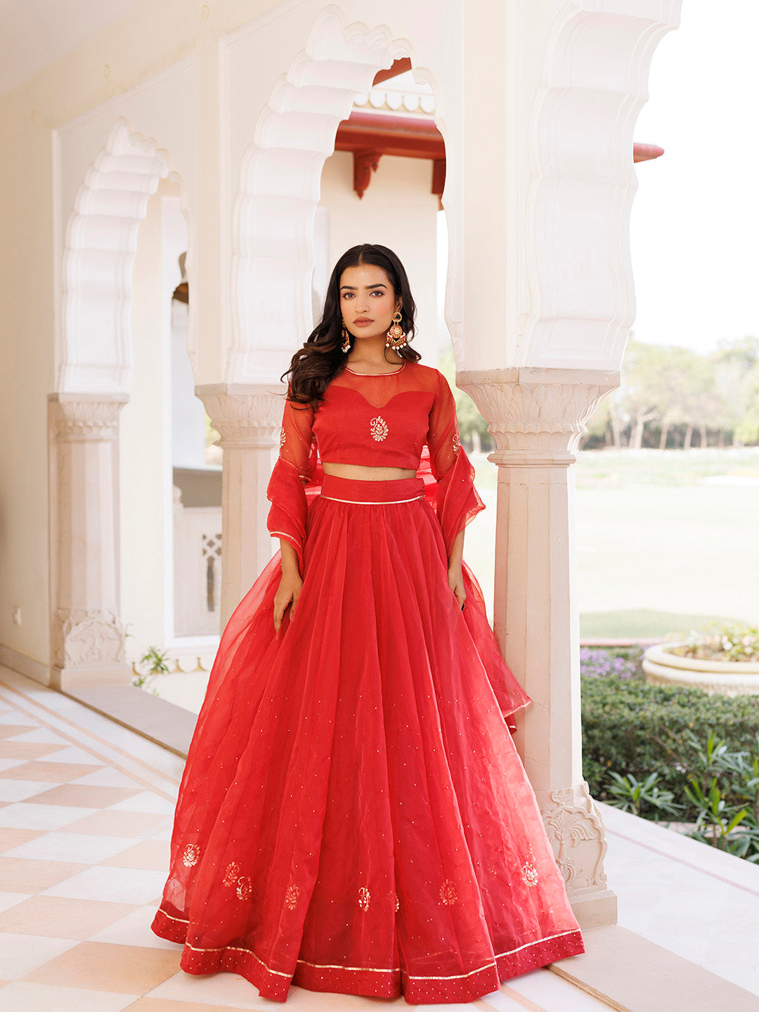 Savvy Red Mukaish Work Lehenga Set