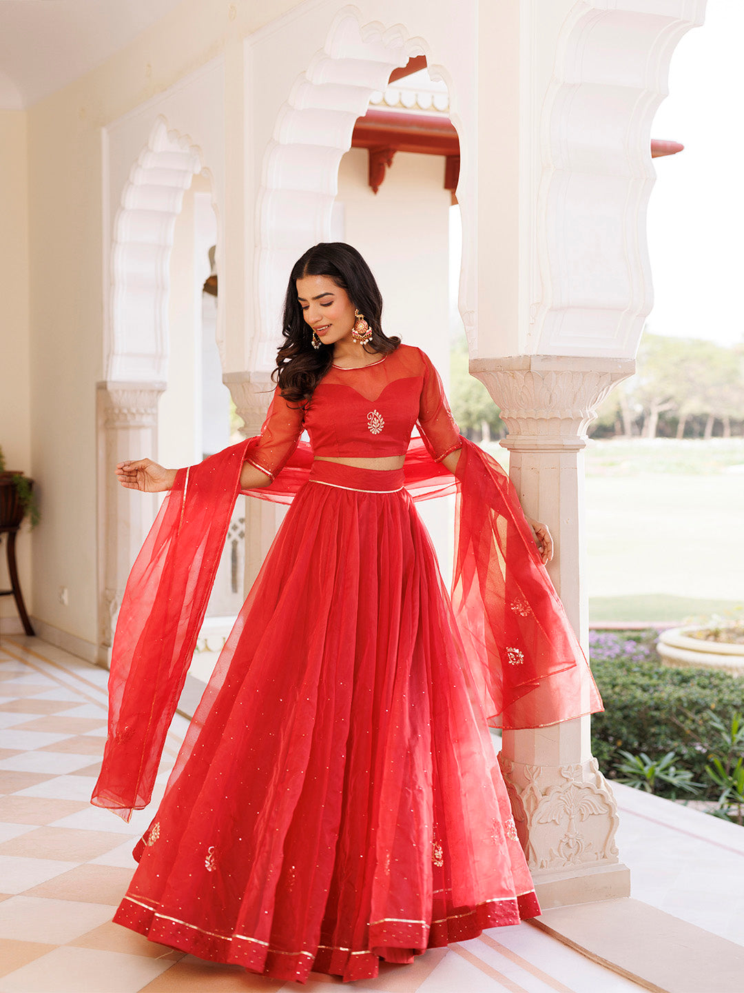 Savvy Red Mukaish Work Lehenga Set