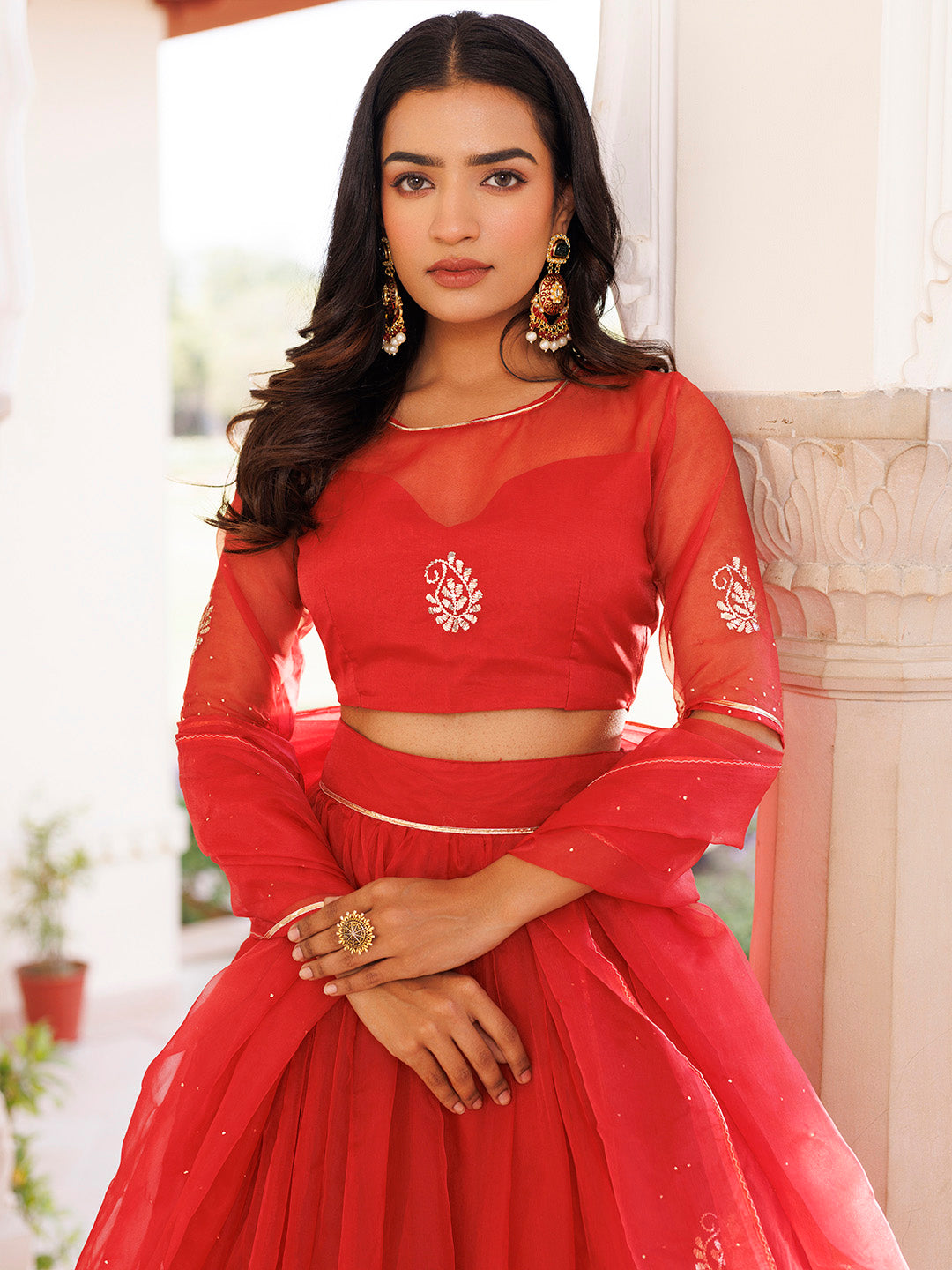 Savvy Red Mukaish Work Lehenga Set