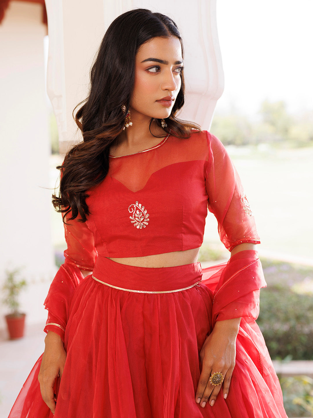 Savvy Red Mukaish Work Lehenga Set