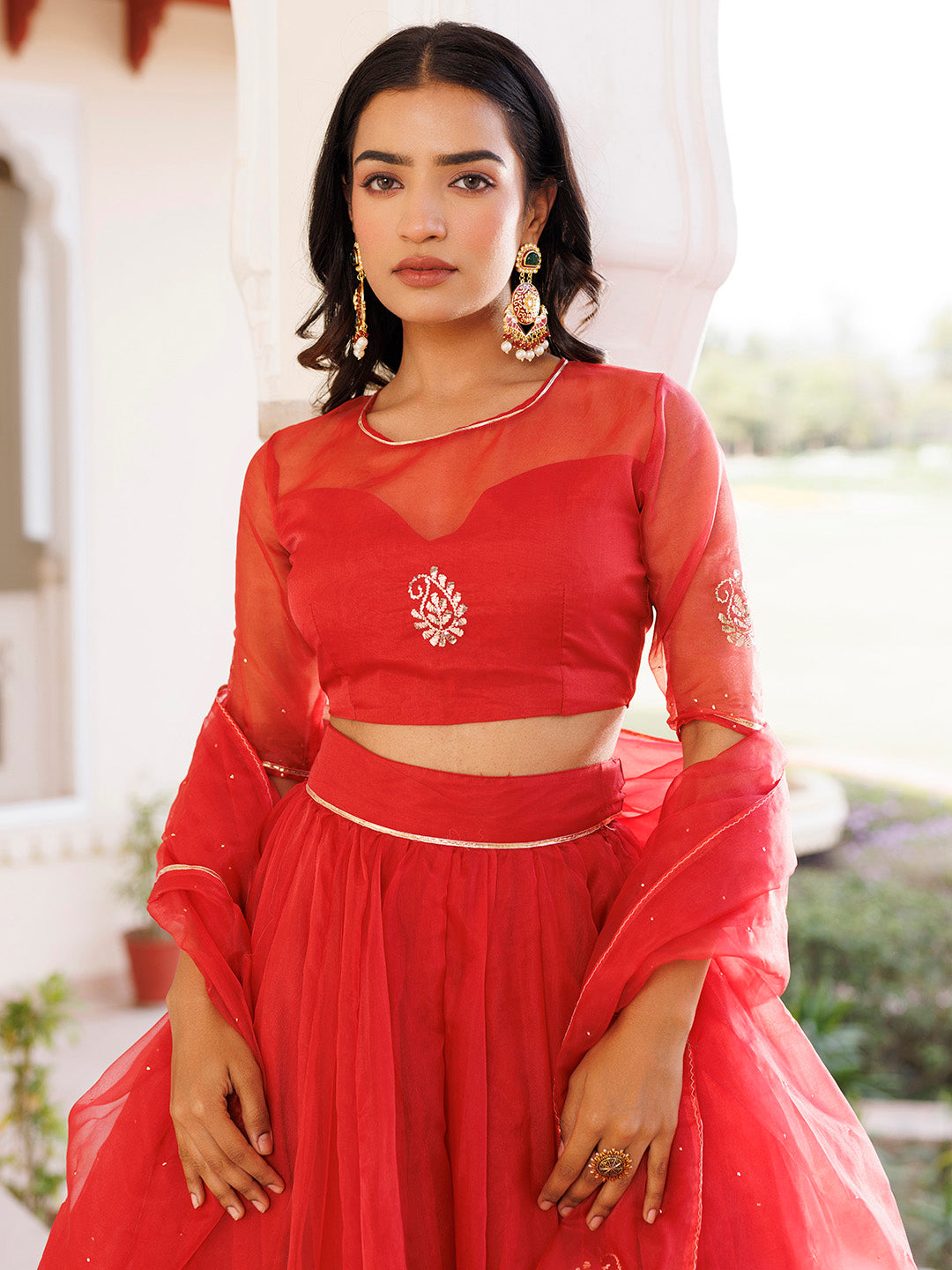 Savvy Red Mukaish Work Lehenga Set