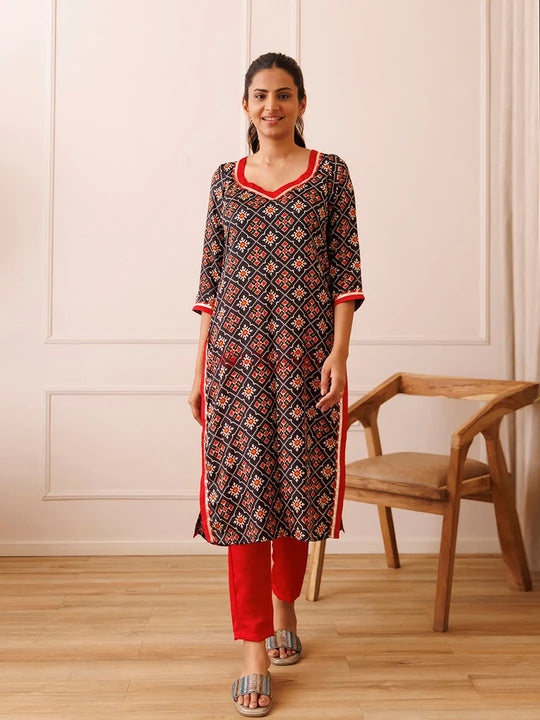 Black Red Patola Printed Kurta Set - Ragavi