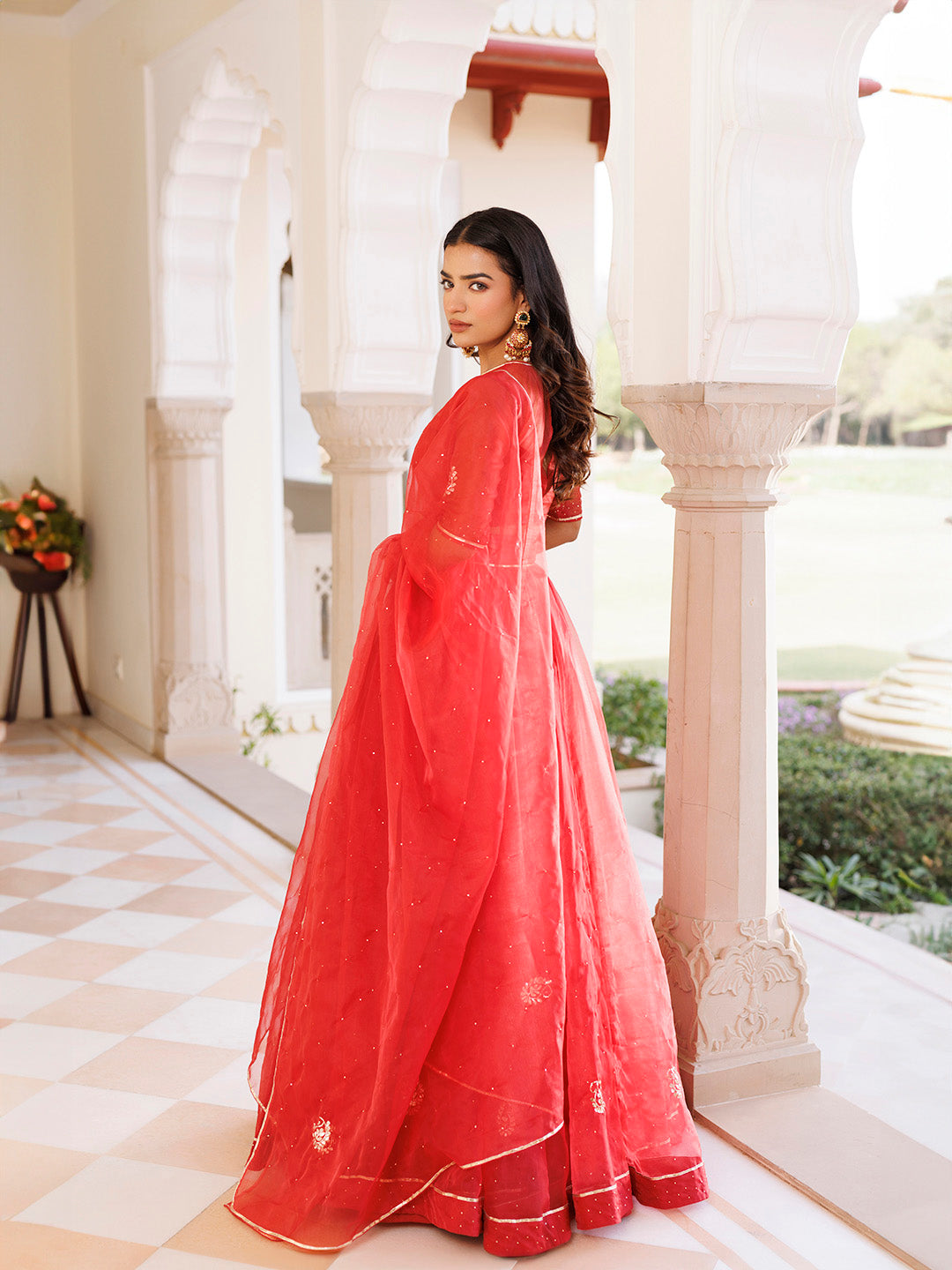 Savvy Red Mukaish Work Lehenga Set