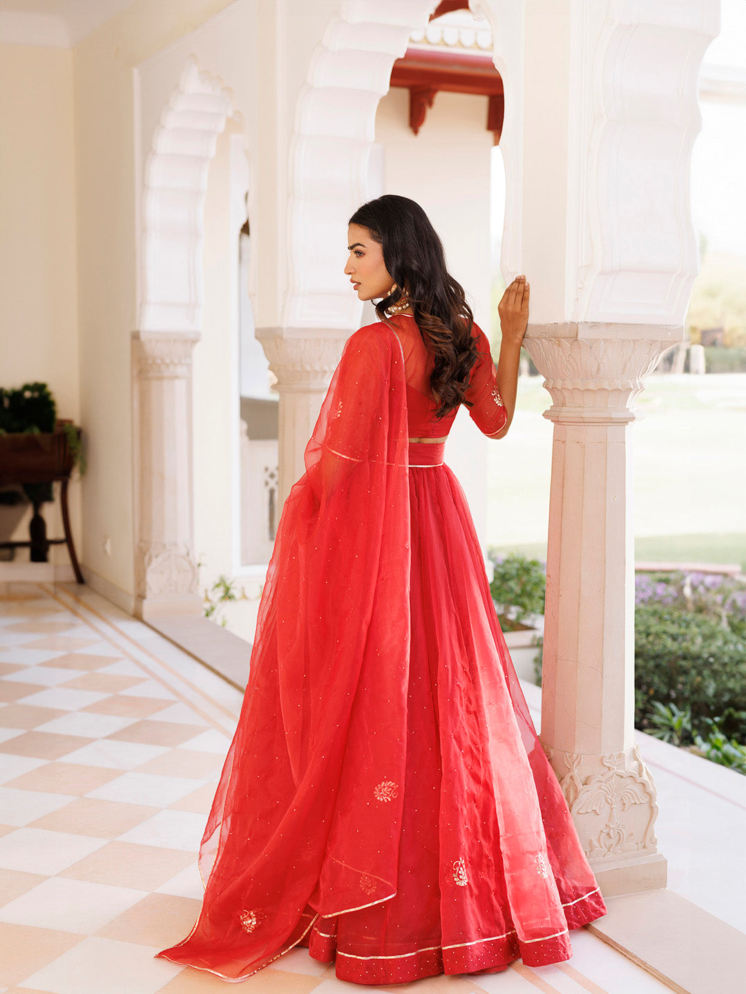 Savvy Red Mukaish Work Lehenga Set