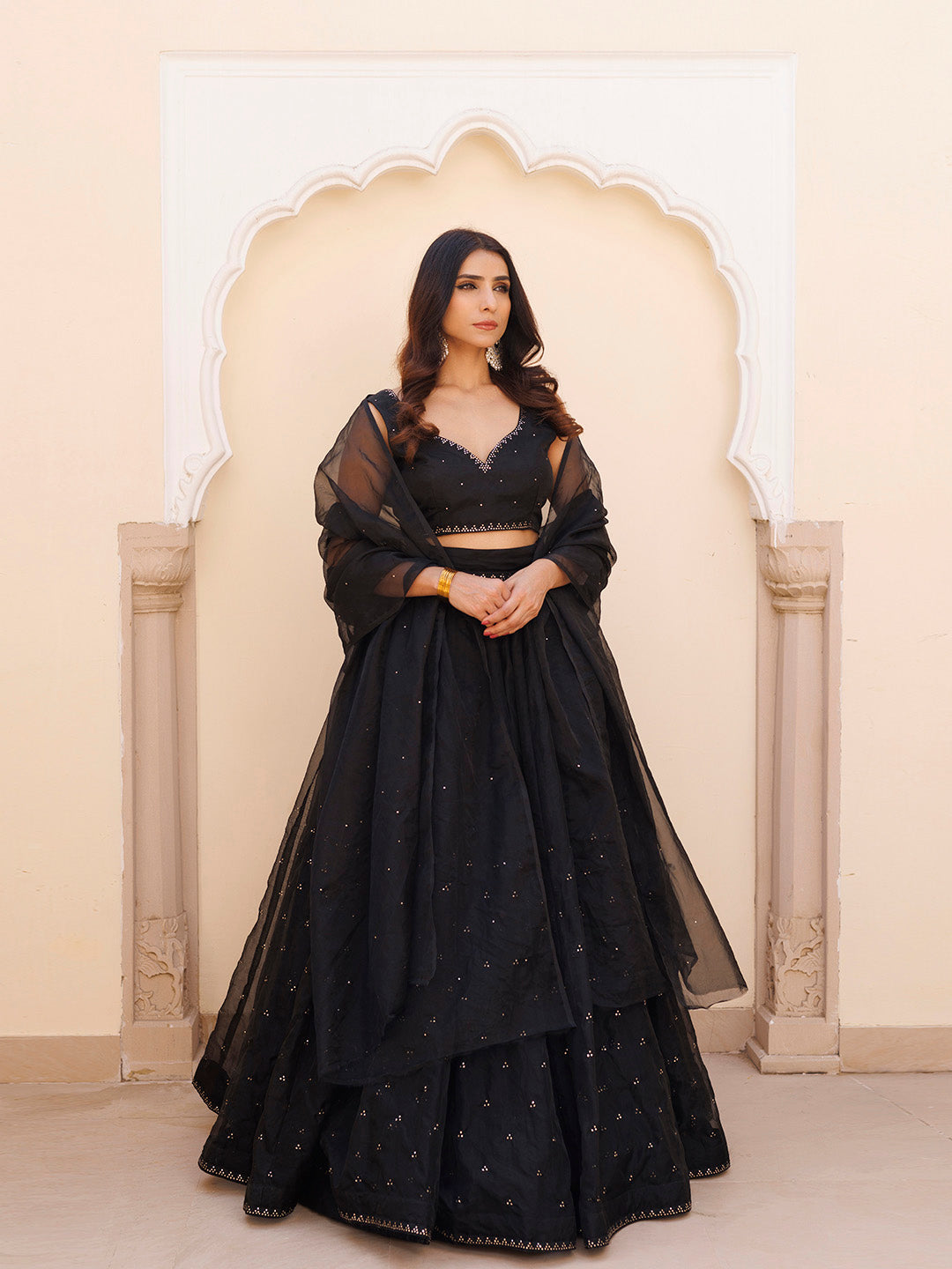 Diamente Black Organza Mukaish work Lehenga Set