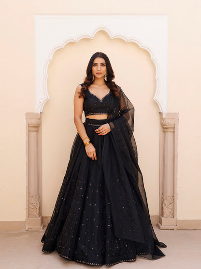Diamente Black Organza Mukaish work Lehenga Set