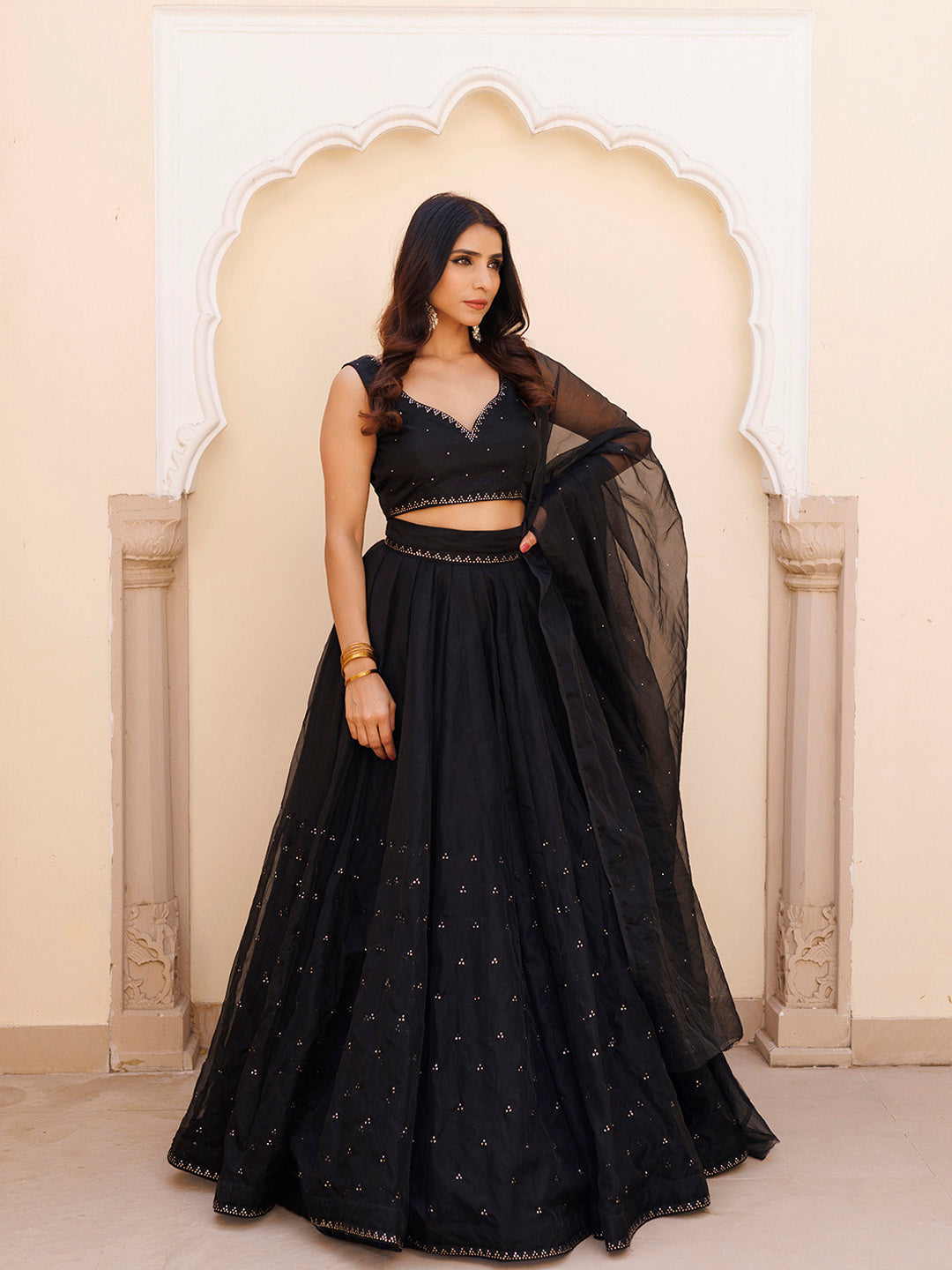 Diamente Black Organza Mukaish work Lehenga Set