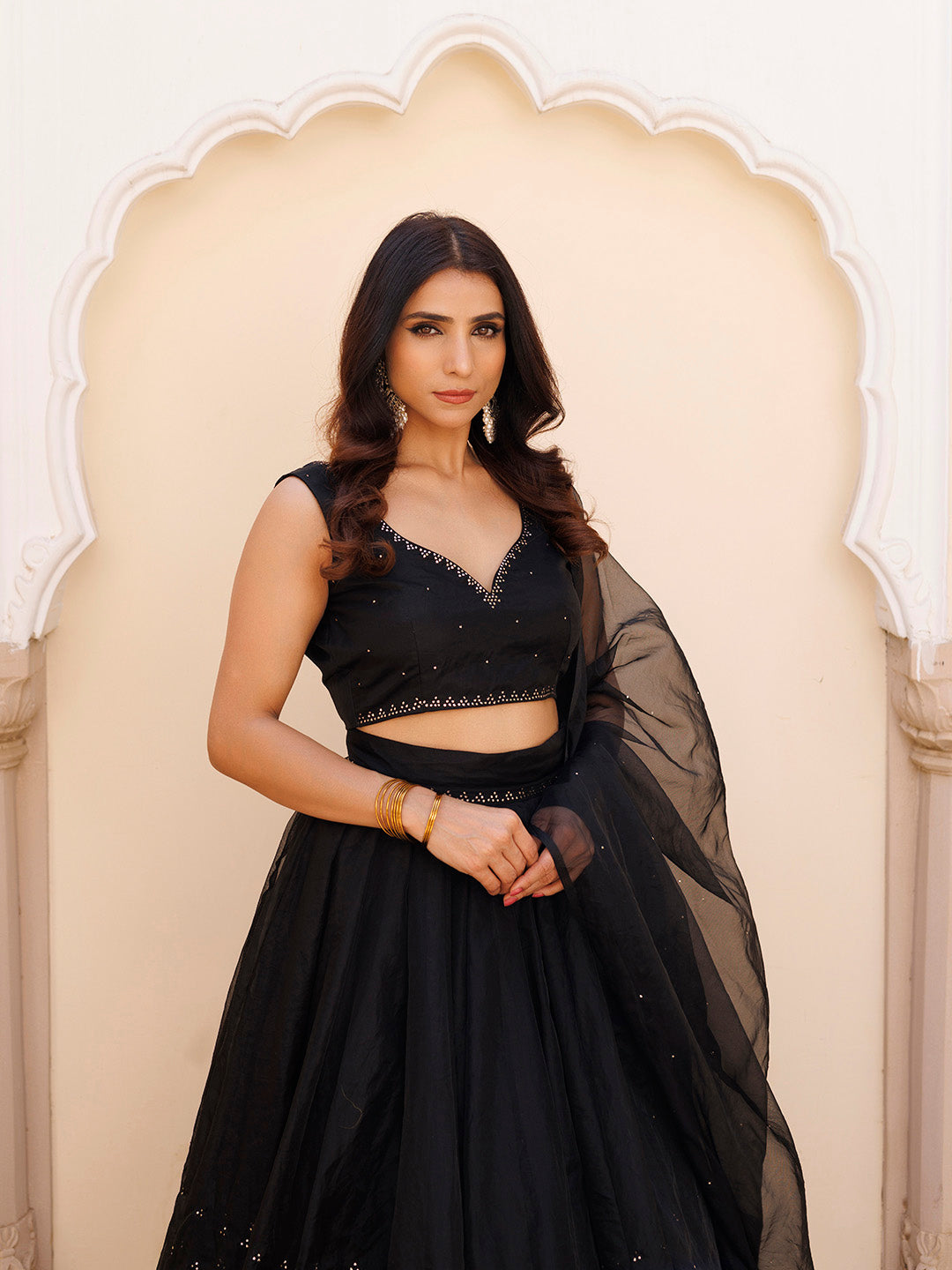 Diamente Black Organza Mukaish work Lehenga Set