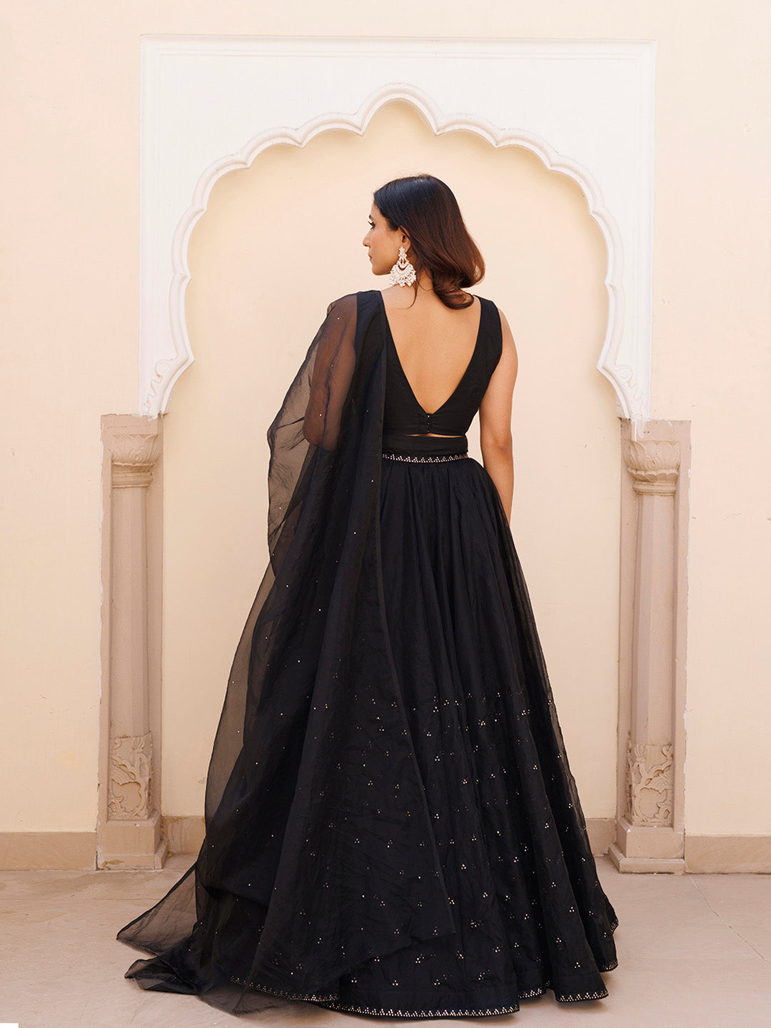 Diamente Black Organza Mukaish work Lehenga Set