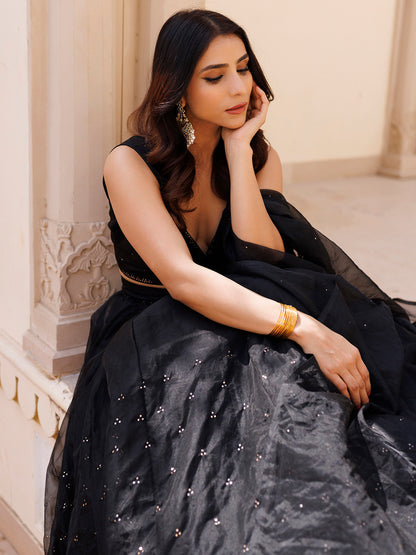 Diamente Black Organza Mukaish work Lehenga Set