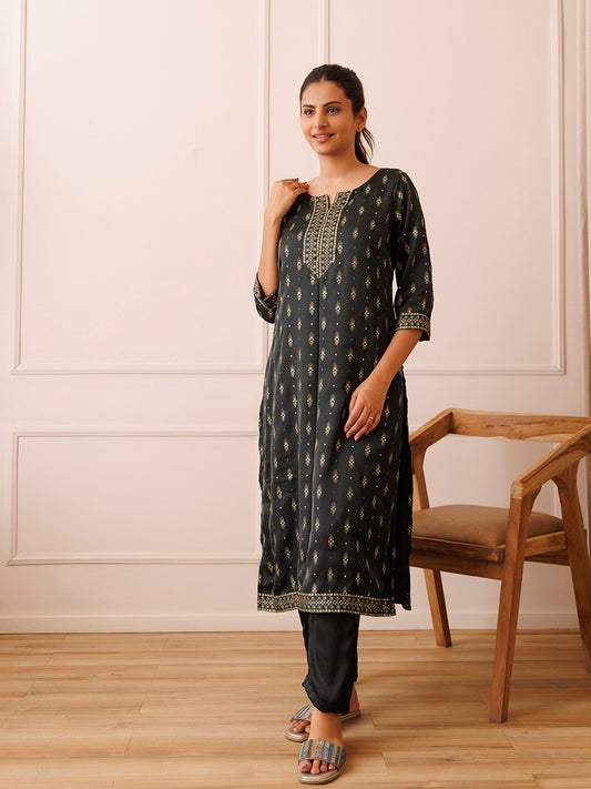 Emerald Green Gold Foil Kurta Set