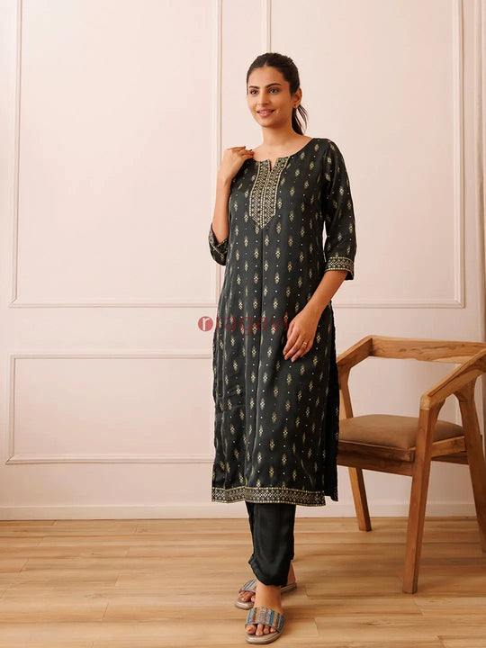 Emerald Green Gold Foil Kurta Set - Ragavi