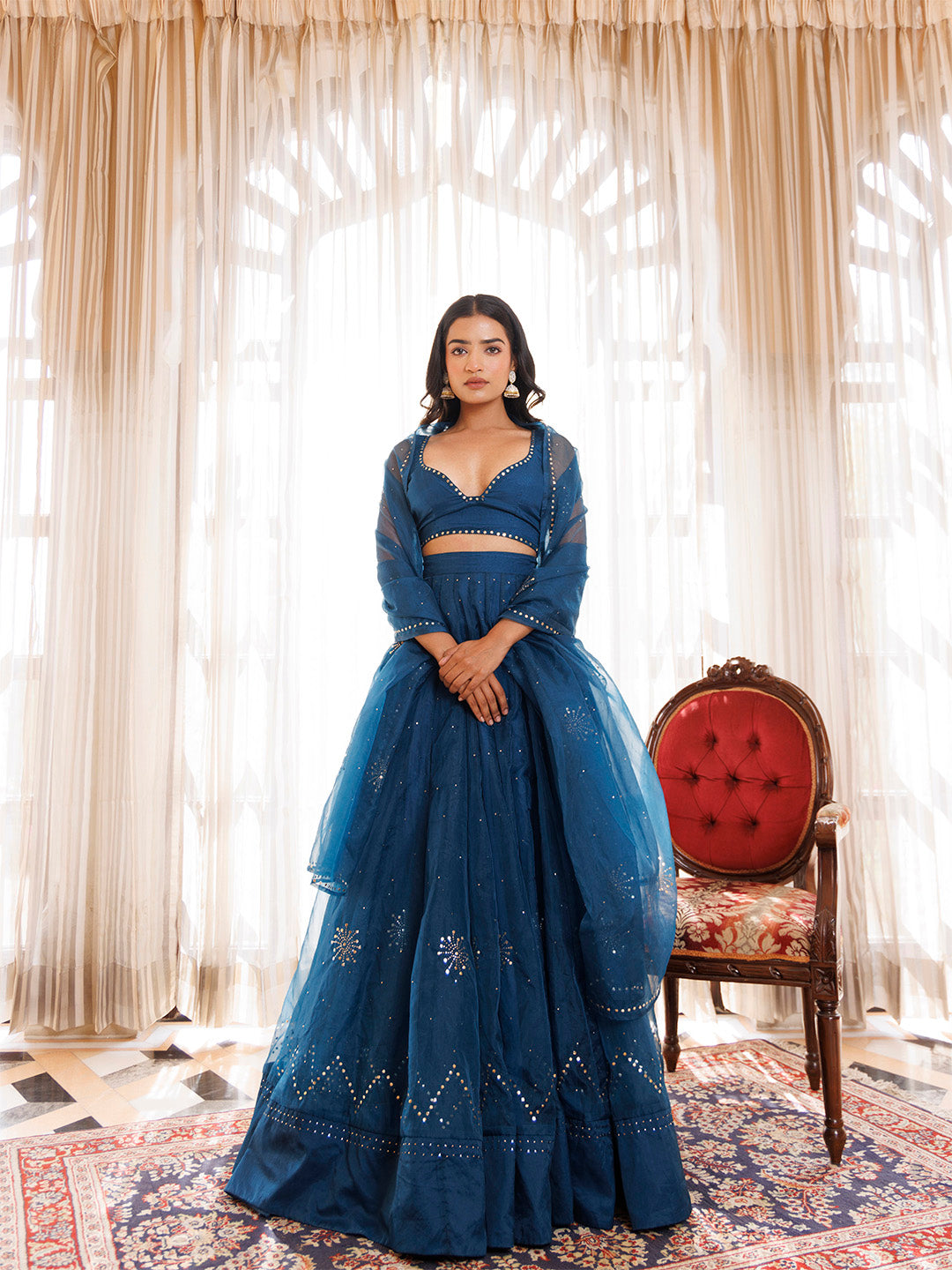 Mosaic Blue Organza Mukaish Work Lehenga Set