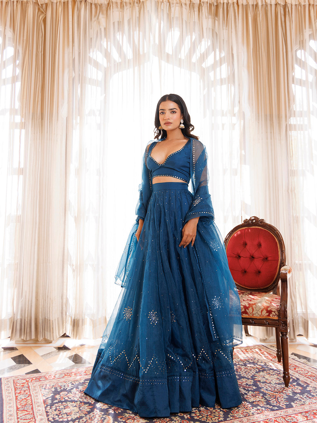 Mosaic Blue Organza Mukaish Work Lehenga Set