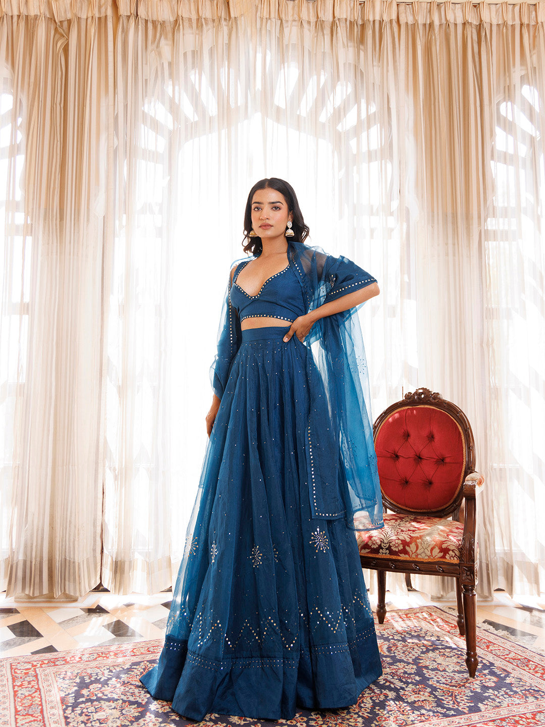 Mosaic Blue Organza Mukaish Work Lehenga Set