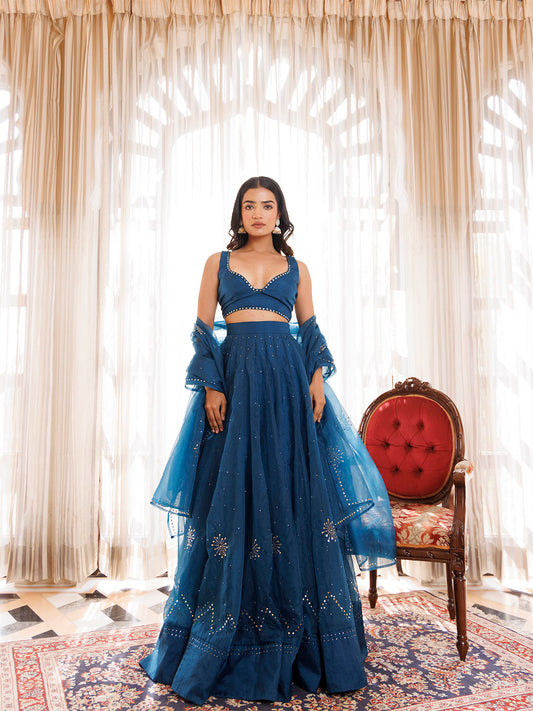 Mosaic Blue Organza Mukaish Work Lehenga Set
