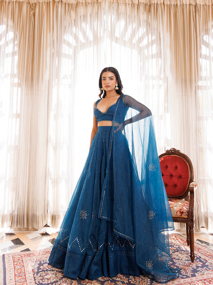 Mosaic Blue Organza Mukaish Work Lehenga Set