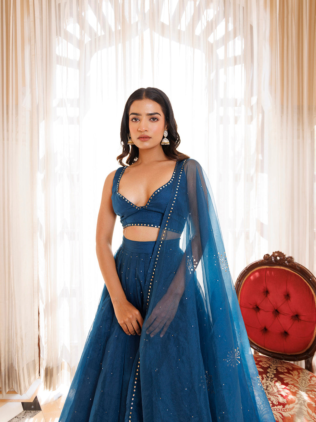 Mosaic Blue Organza Mukaish Work Lehenga Set