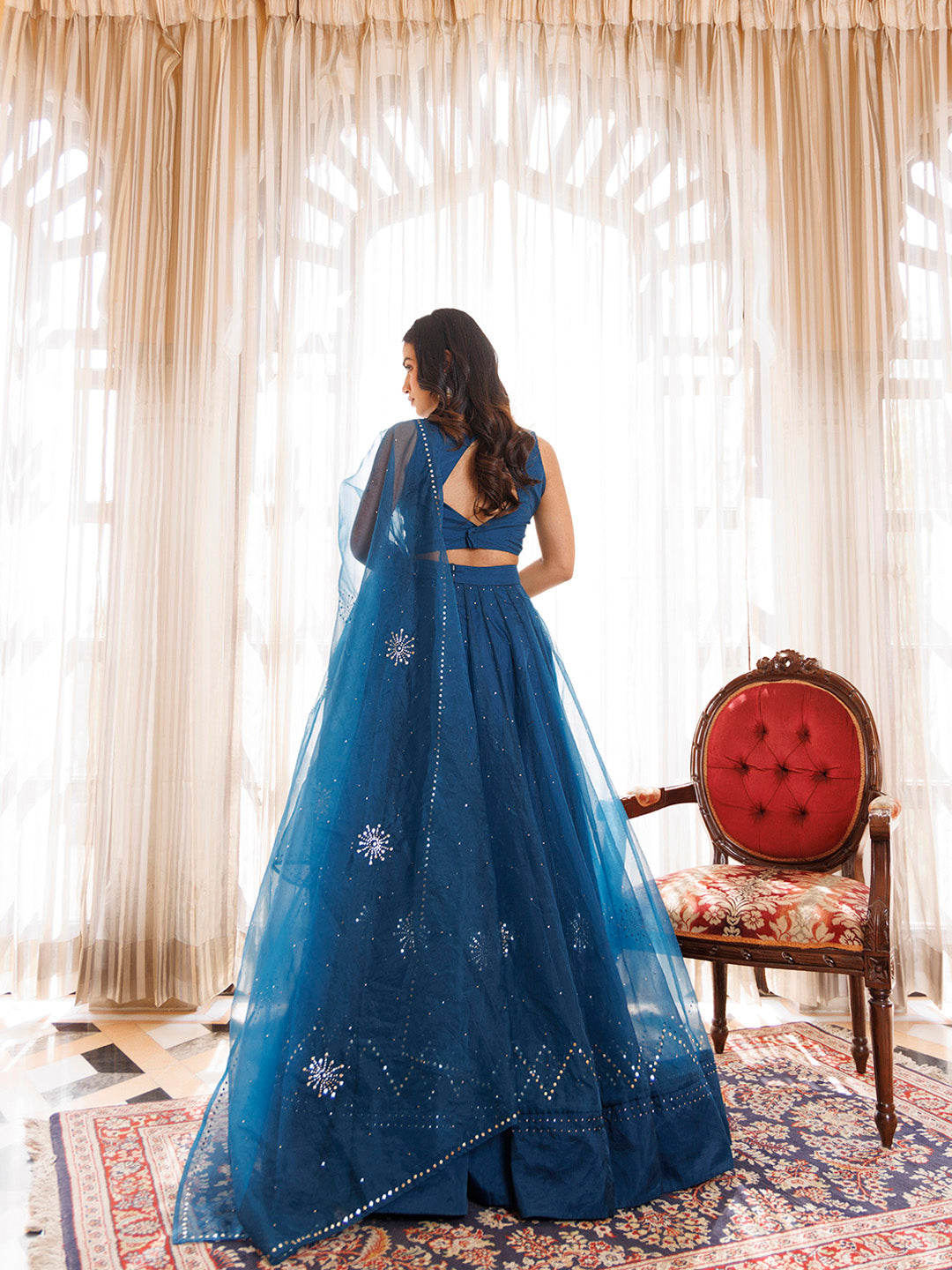 Mosaic Blue Organza Mukaish Work Lehenga Set