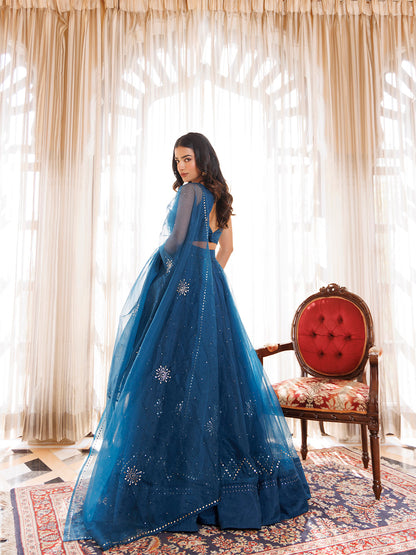 Mosaic Blue Organza Mukaish Work Lehenga Set