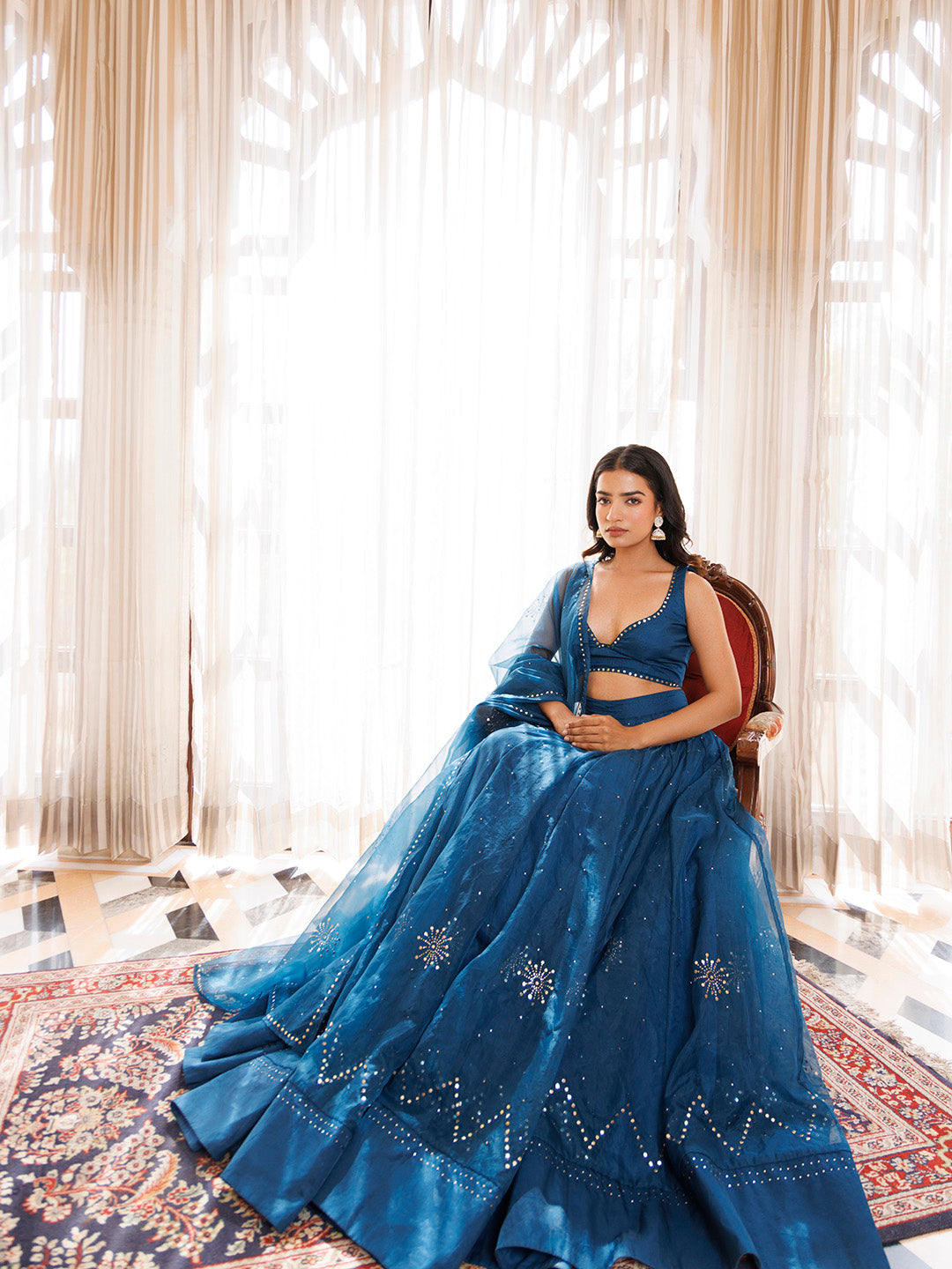 Mosaic Blue Organza Mukaish Work Lehenga Set