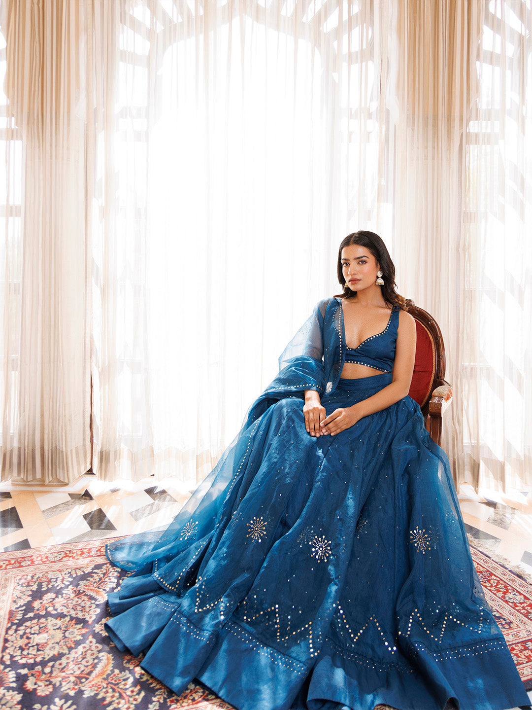 Mosaic Blue Organza Mukaish Work Lehenga Set