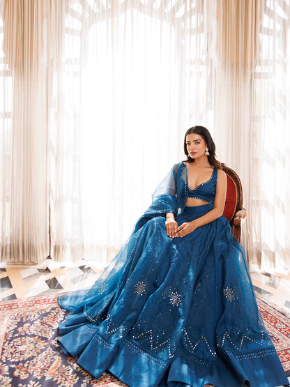 Mosaic Blue Organza Mukaish Work Lehenga Set