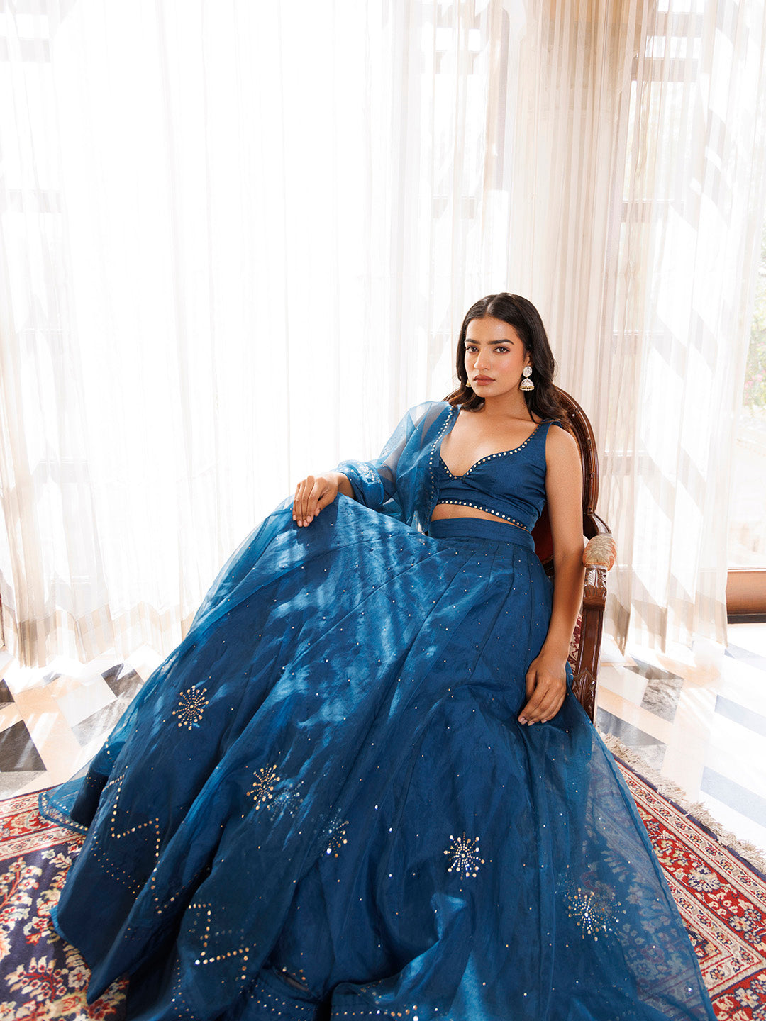 Mosaic Blue Organza Mukaish Work Lehenga Set