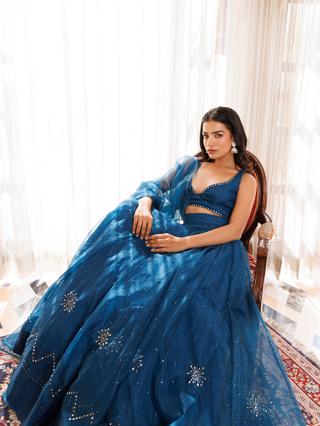 Mosaic Blue Organza Mukaish Work Lehenga Set