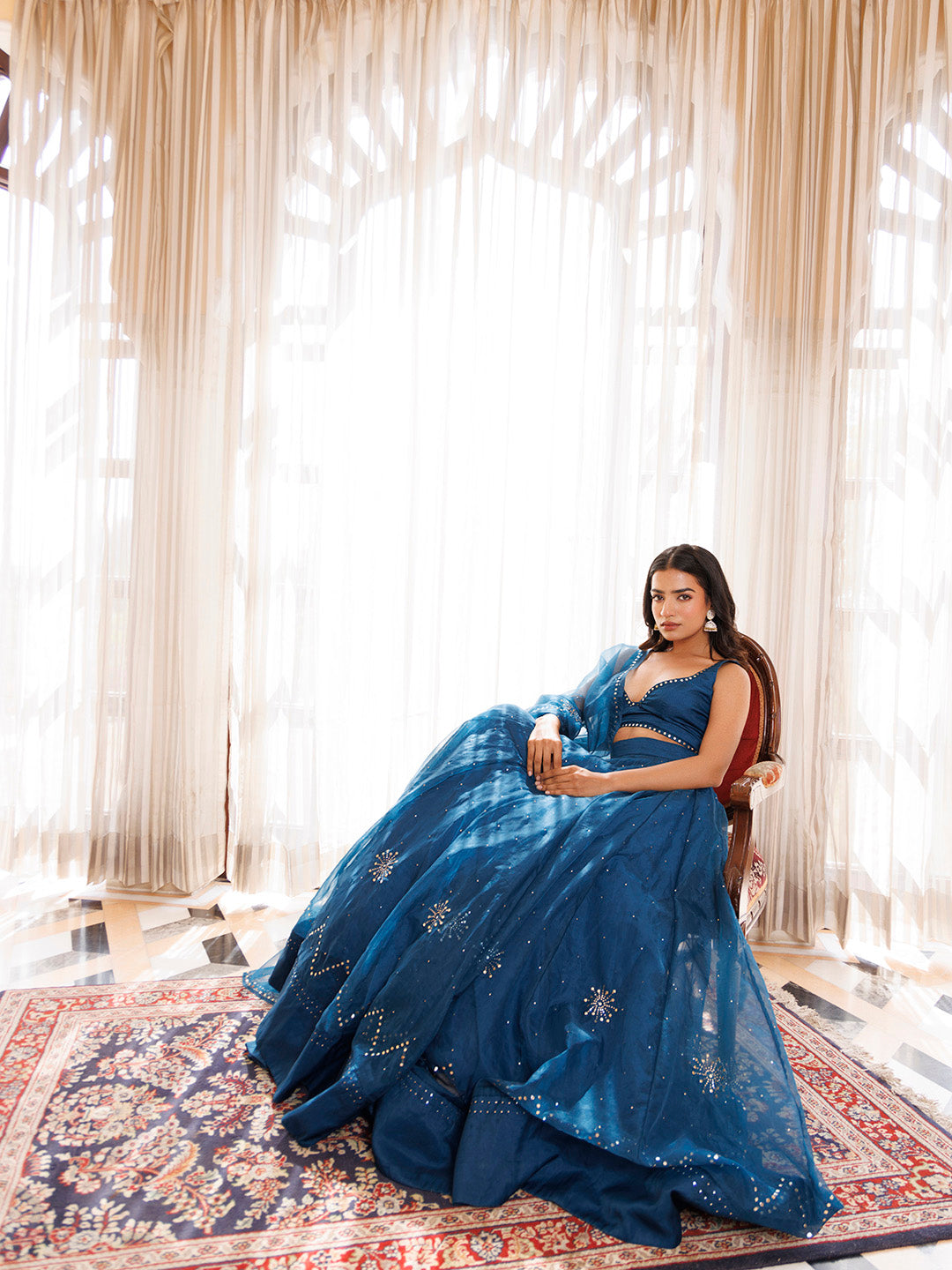Mosaic Blue Organza Mukaish Work Lehenga Set