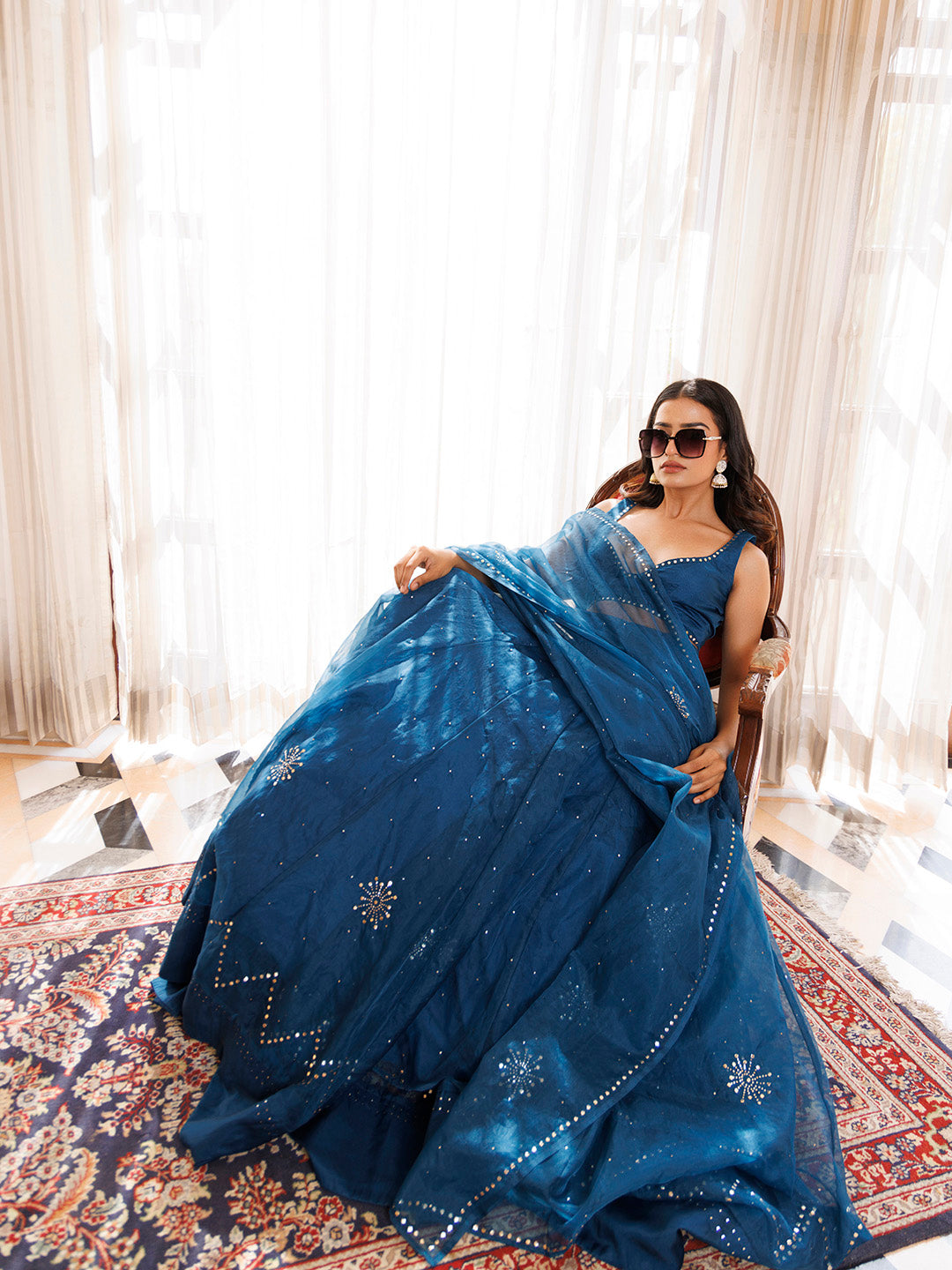 Mosaic Blue Organza Mukaish Work Lehenga Set