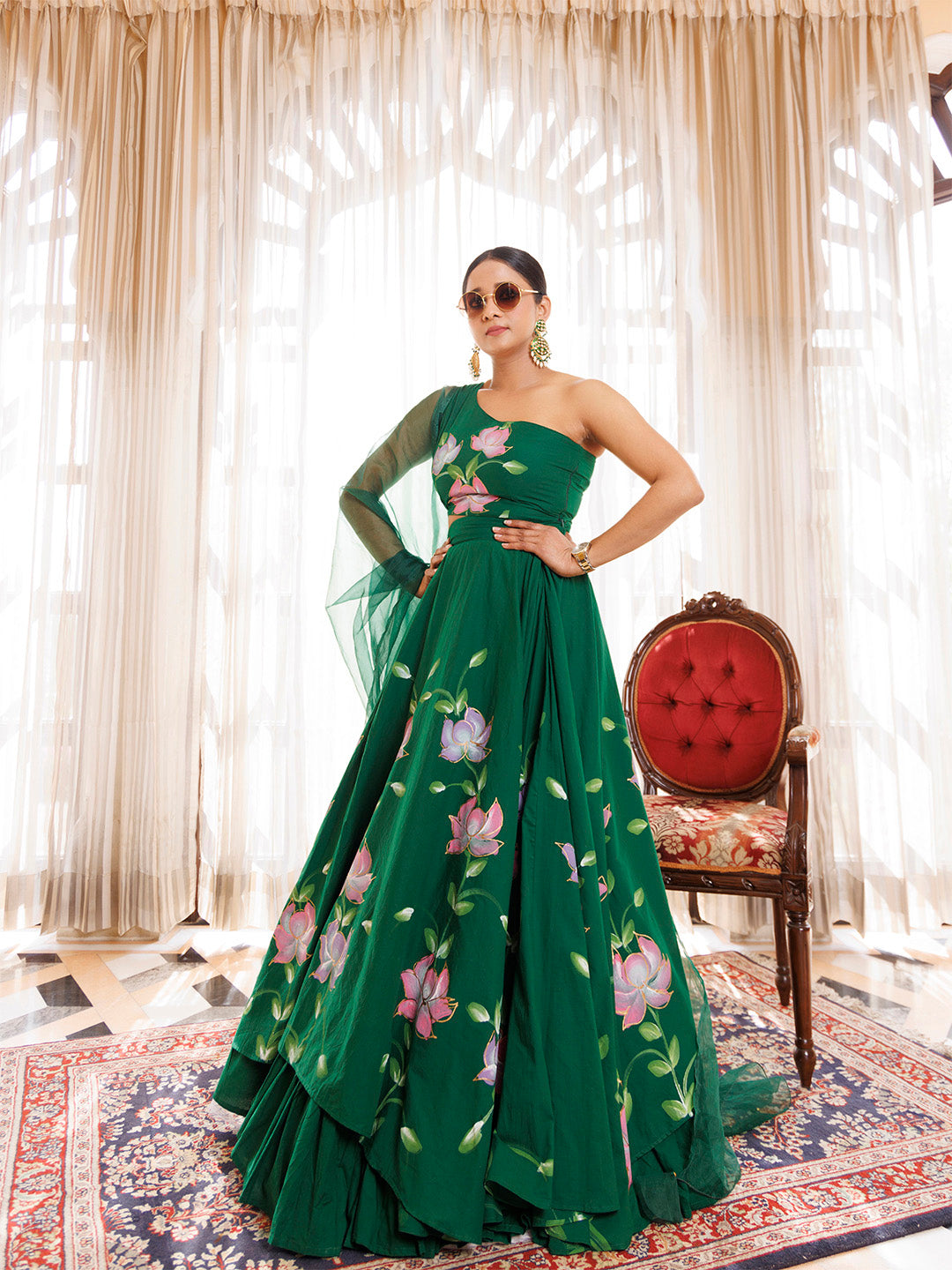 Water Garden Green Brushpainted Cotton Lehenga Set