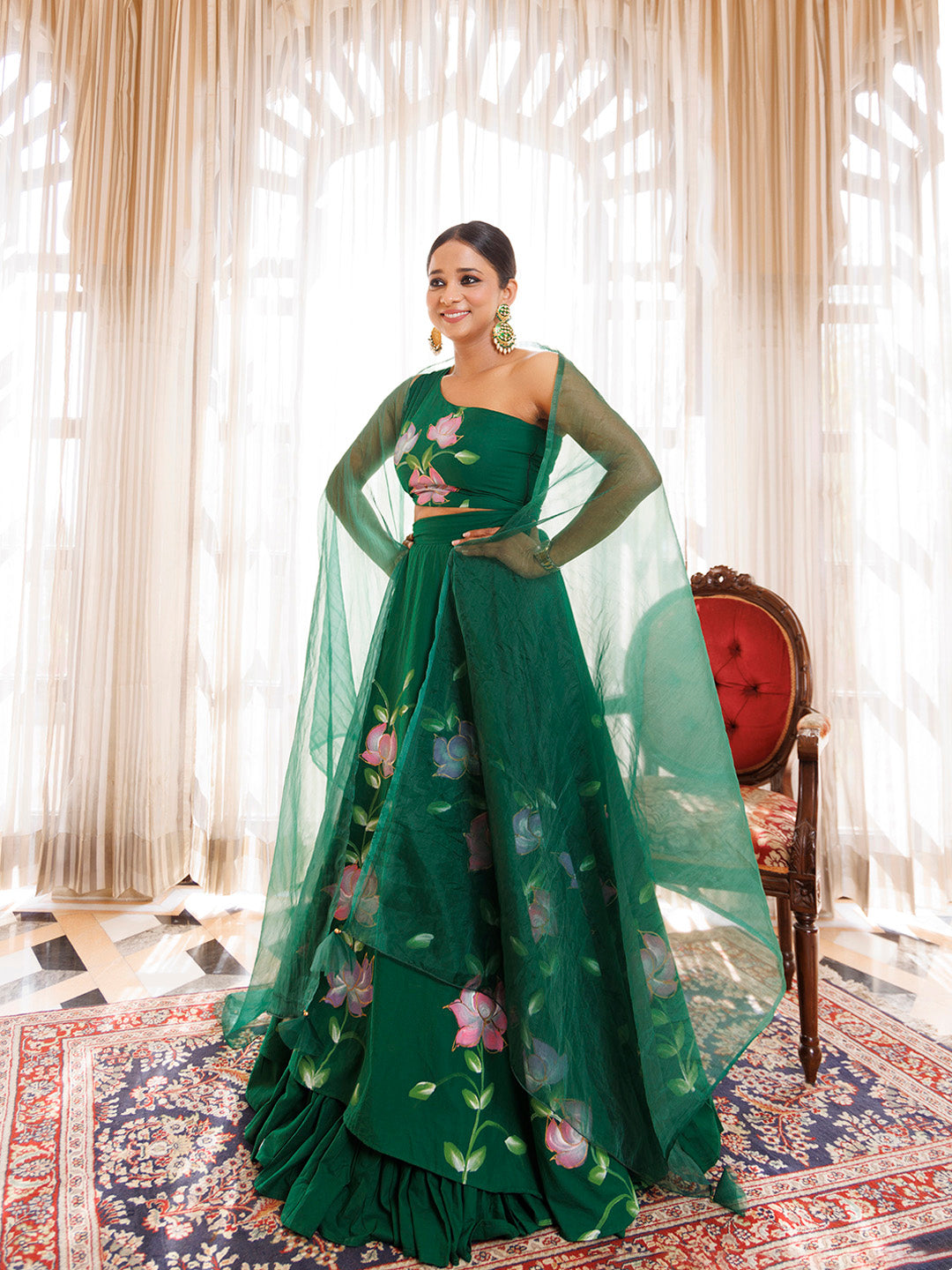 Water Garden Green Brushpainted Cotton Lehenga Set