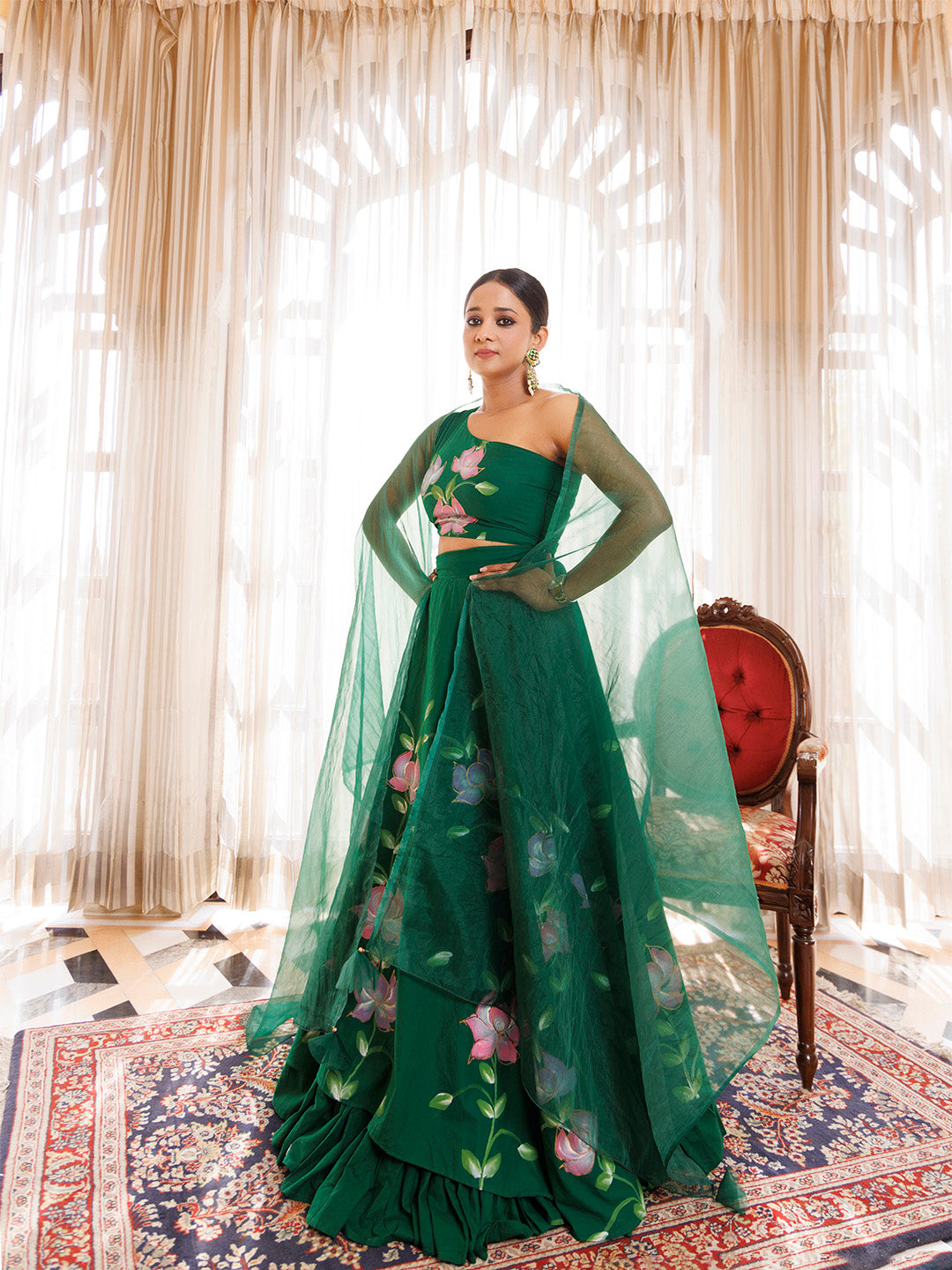 Water Garden Green Brushpainted Cotton Lehenga Set
