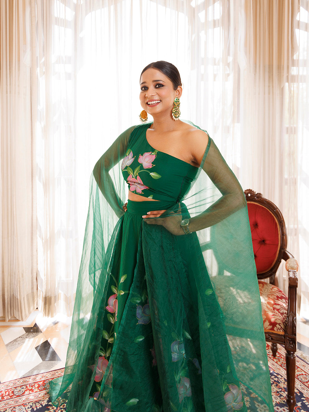 Water Garden Green Brushpainted Cotton Lehenga Set