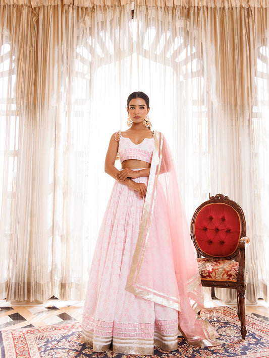 Barely Pink and White Handblock Printed Cotton Lehenga Set