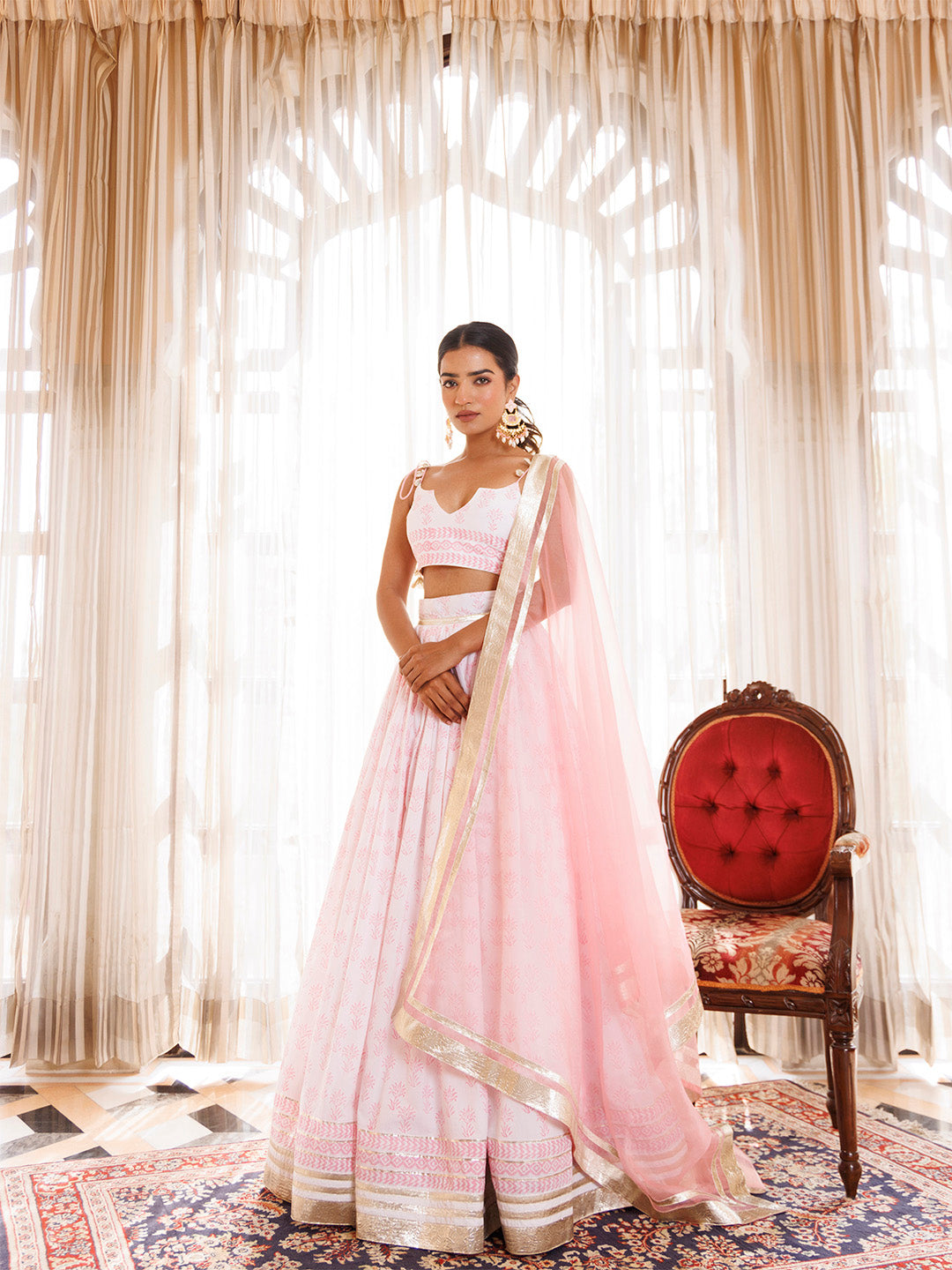 Barely Pink and White Handblock Printed Cotton Lehenga Set