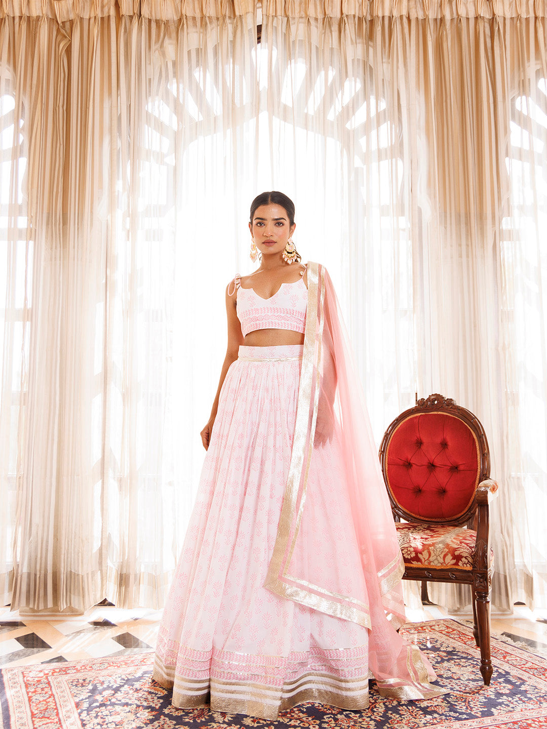 Barely Pink and White Handblock Printed Cotton Lehenga Set