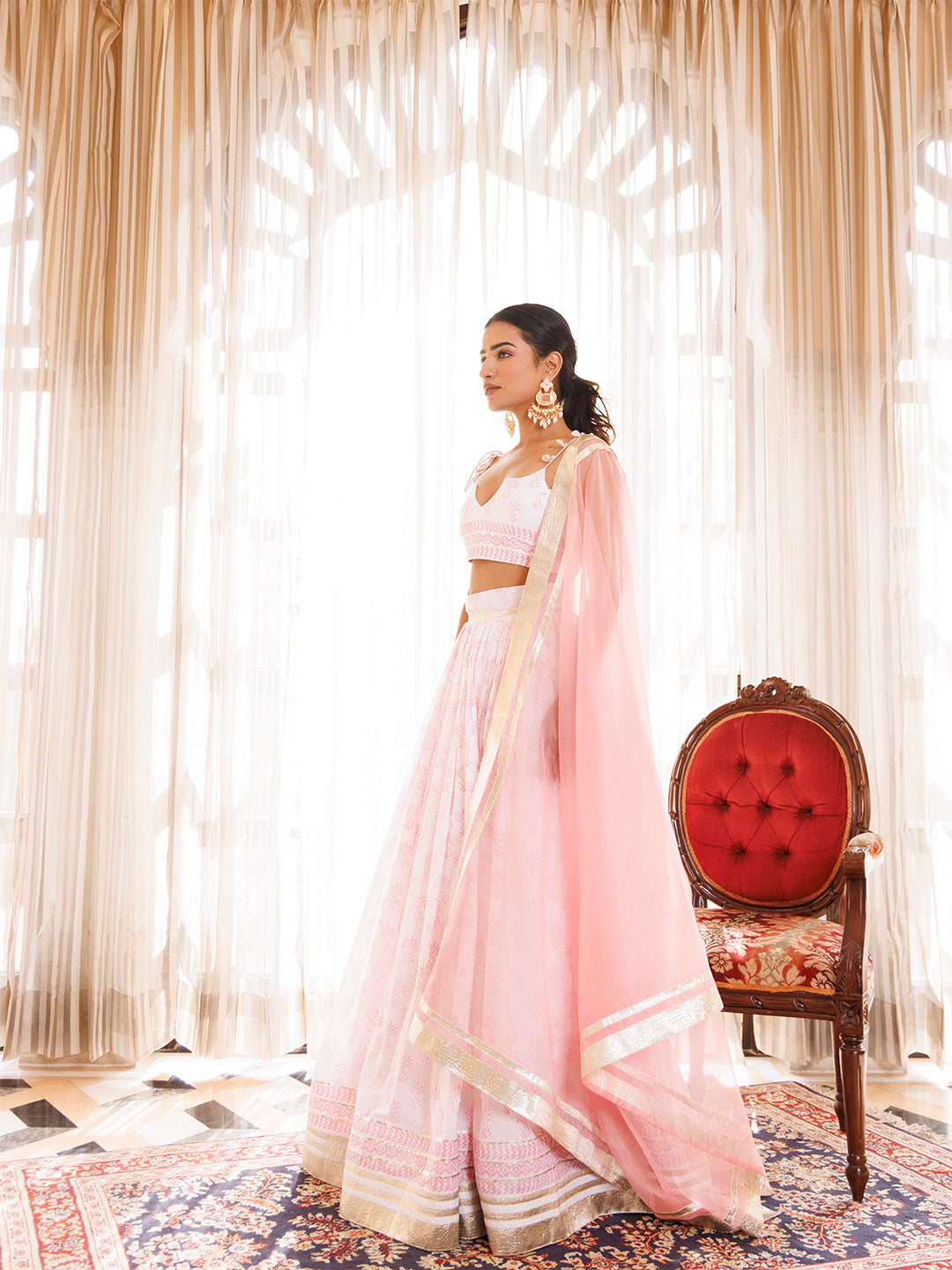 Barely Pink and White Handblock Printed Cotton Lehenga Set