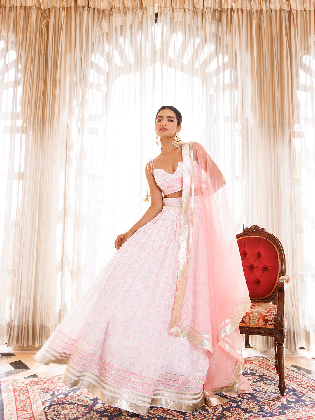 Barely Pink and White Handblock Printed Cotton Lehenga Set