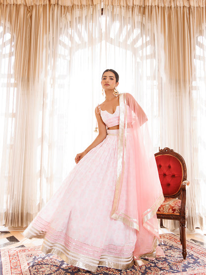 Barely Pink and White Handblock Printed Cotton Lehenga Set