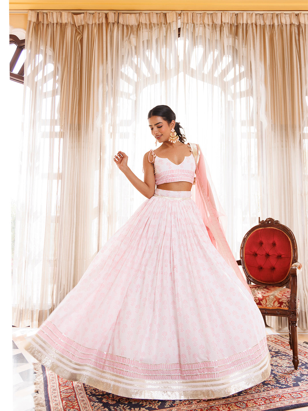 Barely Pink and White Handblock Printed Cotton Lehenga Set