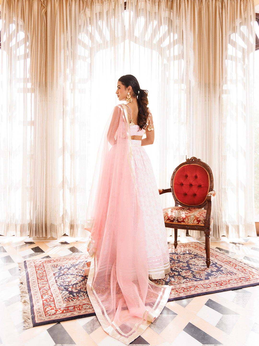 Barely Pink and White Handblock Printed Cotton Lehenga Set