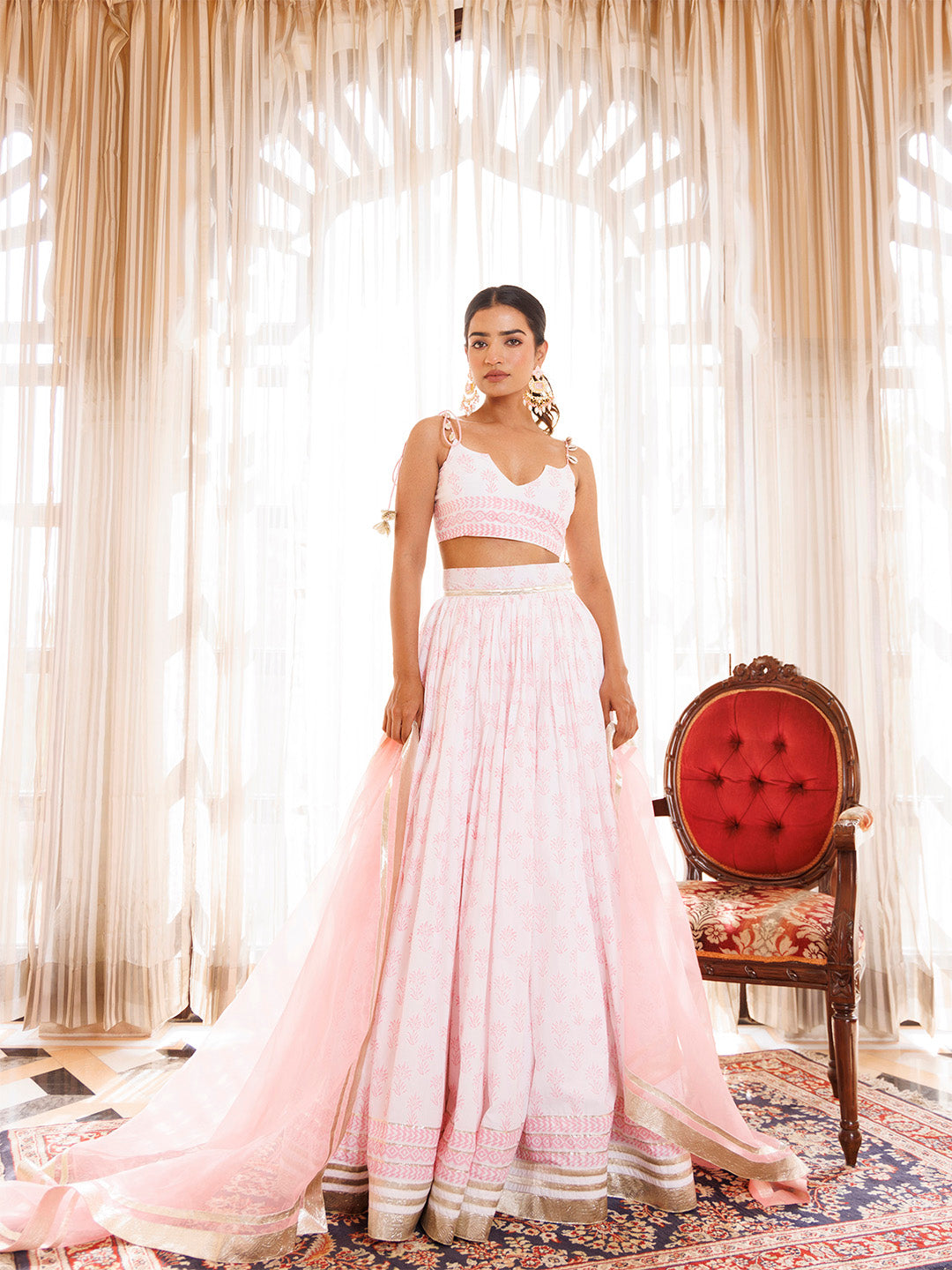 Barely Pink and White Handblock Printed Cotton Lehenga Set