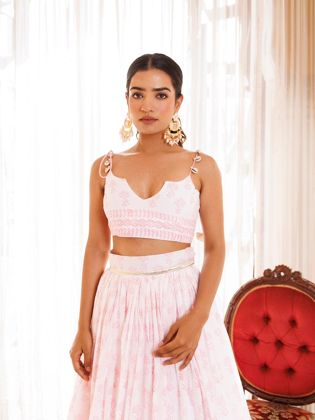 Barely Pink and White Handblock Printed Cotton Lehenga Set