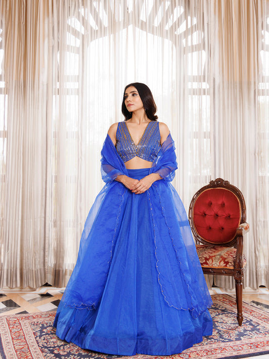 Dazzle Blue Organza Lehenga Set